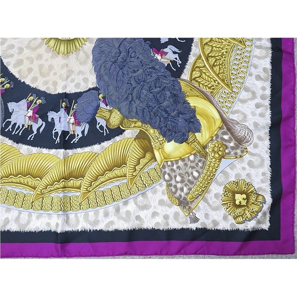 Hermes Gold and Purple Silk Scarf with Equestrian Design - Picture 6 of 11